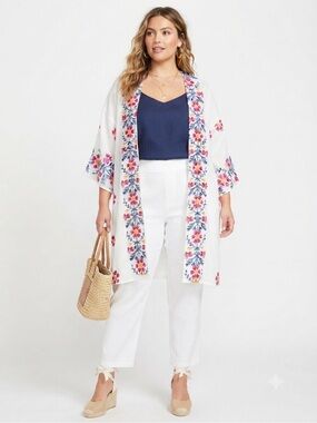 Anthropologie Kindred White Textured Embroidered Kimono Cardigan